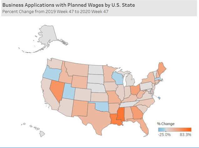 A map of the United States showing business applications with planned wages by U.S. state. Percent change from 2019 week 47 to 2020 week 47.