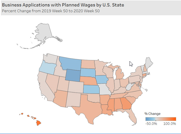 A map of the United States showing business applications with planned wages by U.S. state. Percent change from 2019 week 50 to 2020 week 50.