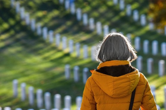 A woman looks at grave markers at a cemetery.