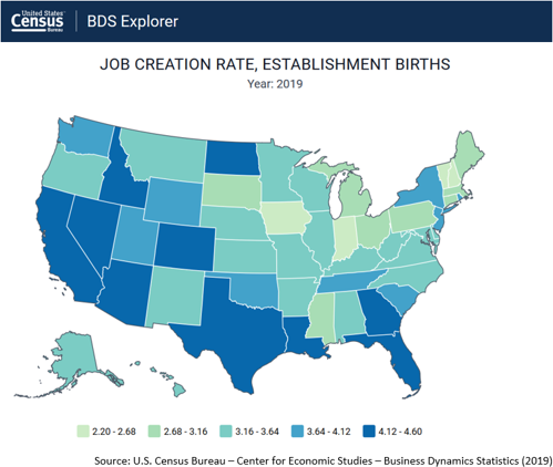 A map of the U.S. showing the Job Creation Rate, Establishment Births by state; from the release of 2019 Business Dynamics Statistics (BDS) data.
