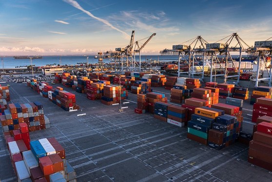 Cargo stacked up at a port