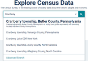 A search for places named 'Cranberry' on data.census.gov