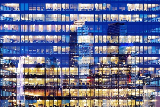 A view of windows in an office building