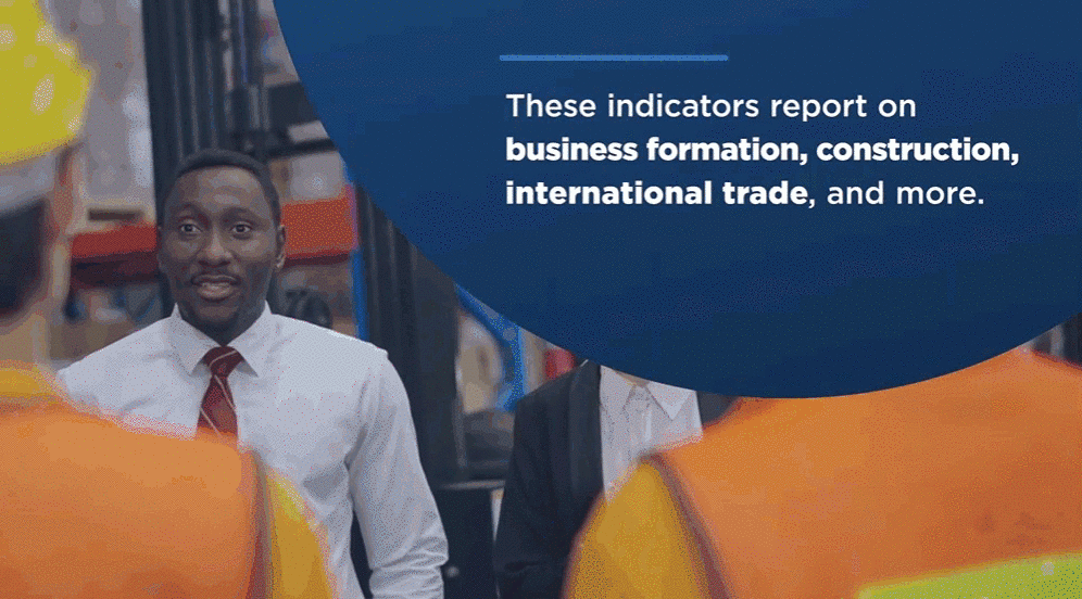 These indicators report on business formation, construction, international trade, and more.