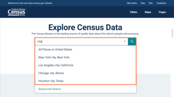 The search field on Census data platform homepage