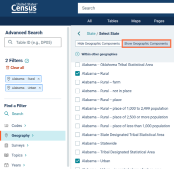 The Geographic Components tab in the advanced search filters on the Census data platform