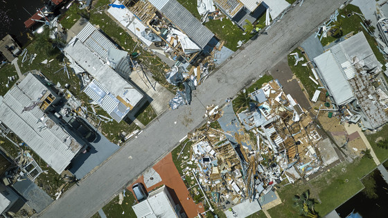 An overhead view of an area struck by a natural disaster