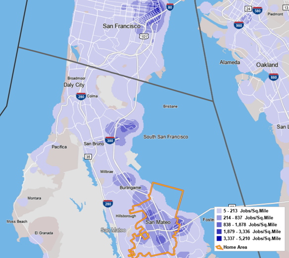 A screenshot of the San Francisco Bay area from version 8.0 of the LEHD Origin-Destination Employment Statistics (LODES) data product.