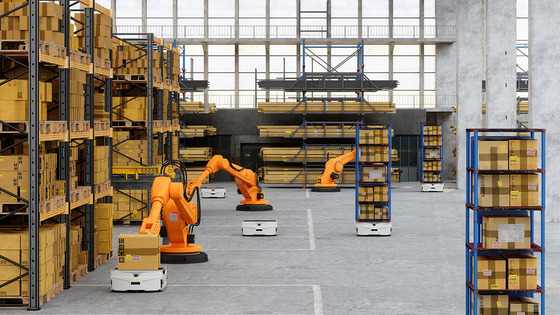 Machines sort boxes in warehouse 