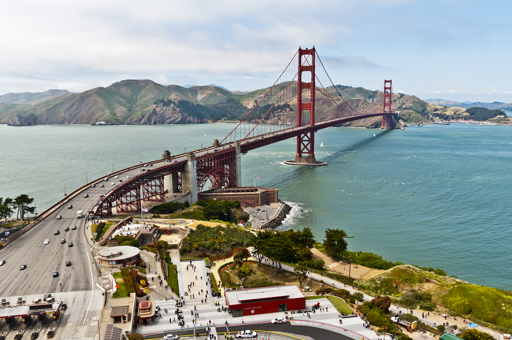 The Golden Gate Bridge from the Fort Baker side featuring the new Golden Gate Pavilion gift and information center.