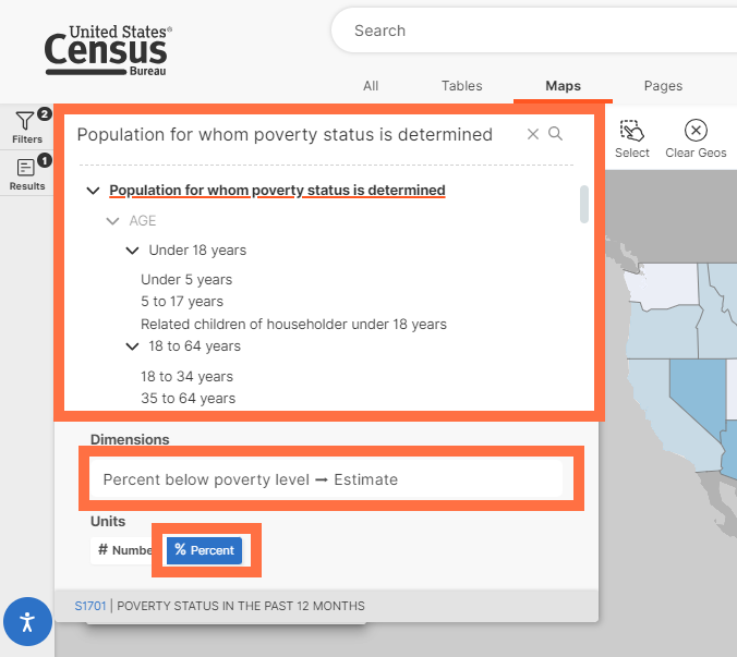 Filtering data for poverty statistics on the Census Data Platform