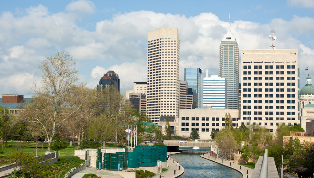 A view of downtown Indianapolis, Indiana with its skyline and canal walkways