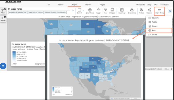 A screenshot of the Census Data Platform showing a map of the United States with labor force data