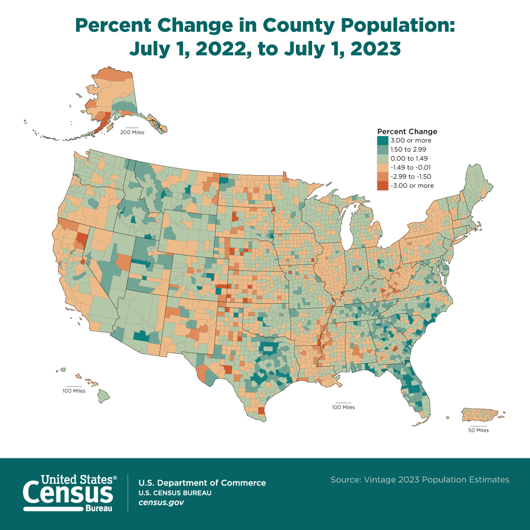 Percent change in county population: July 1, 2022 to July 1, 2023