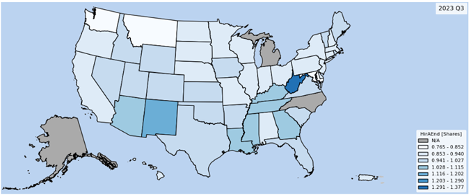 2023Q3 End-of-Quarter Hires by State (Shares of 2022Q3); NAICS Sector: Construction and Worker Age: 25-34