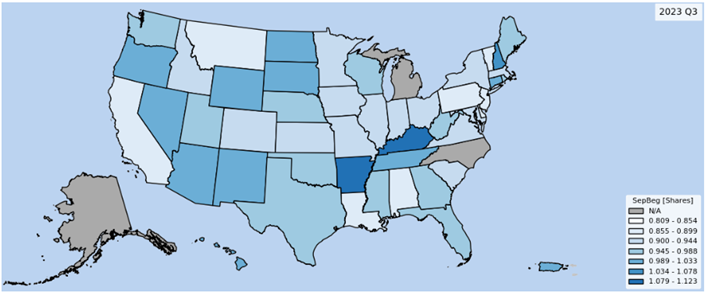 2023Q3 Beginning-of-Quarter Separations by State (Shares of 2022Q3); NAICS Sector: Construction and Worker Age: 25-34