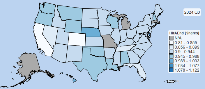 2024Q3 End-of-Quarter Hires by State (Shares of 2023Q3)