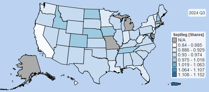 2024Q3 Beginning-of-Quarter Separations by State (Shares of 2023Q3)