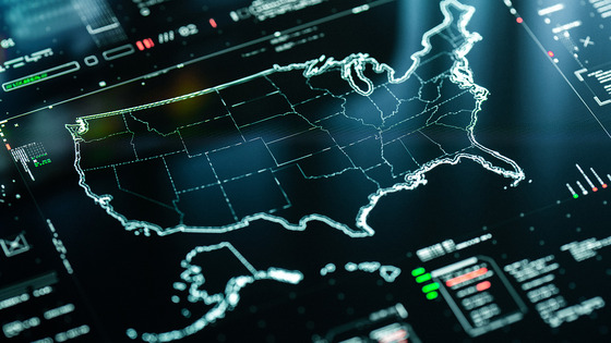 A digital interface displays a glowing outline map of the United States.