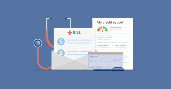 Illustration of stethoscope, medical bill, credit report and check and pen