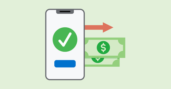 a mobile phone with green check mark on screen, a red arrow and paper money appear to come out of the phone