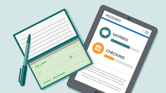 illustration of an open checkbook and pen next to a tablet with someone's bank account information on it