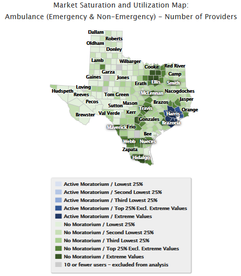Map 2. Ambulance (Emergency & Non-Emergency): County Distribution of Number of Providers October 1, 2014 – September 30, 2015