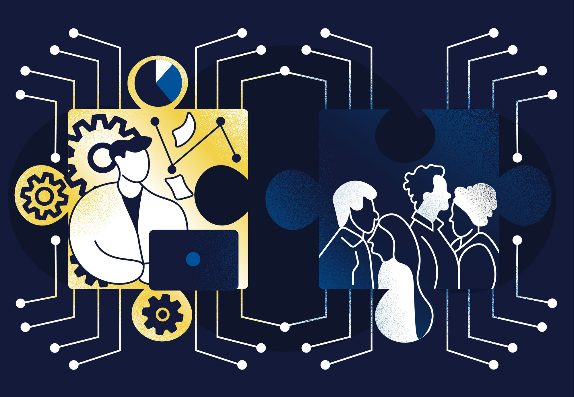 TEA graphic with person working on computer for group of customers.