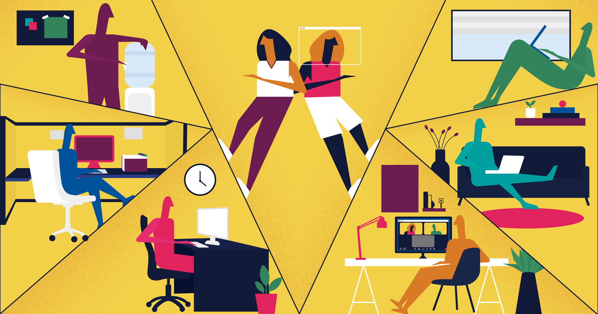 Graphic of different people working in different workplaces.