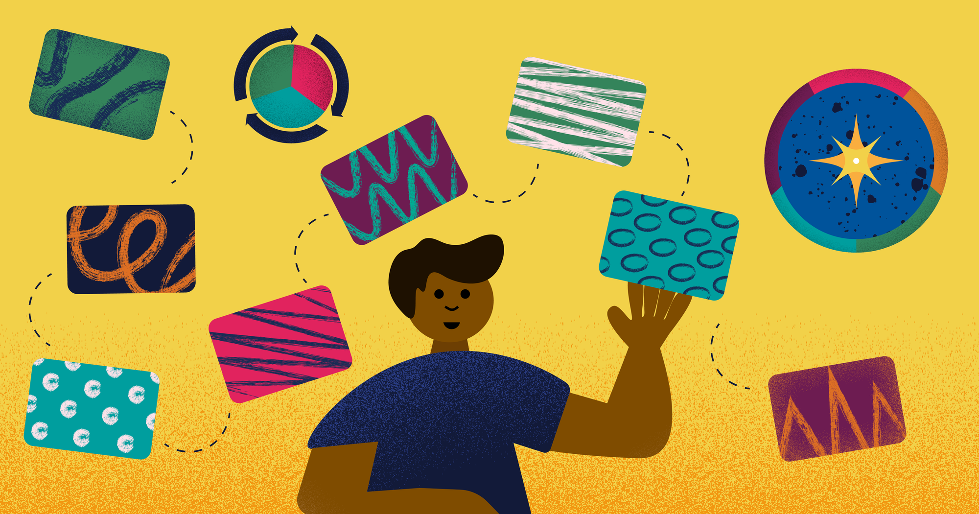 Graphic of person surrounded by graphs and boxes representing different models of organizational change.