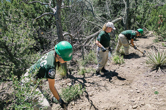 AmeriCorps NCCC members Kate Sitrin, Becca Merritt, and Erica Miller improve access to the Wormhole Loop Trail in Colorado. (Photo by Lisa Morelos) 