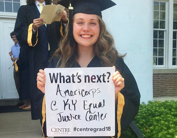 2018 Centre College graduate Rebekah Bruner proudly declares her plans to join AmeriCorps following ceremonies at the Kentucky campus. 