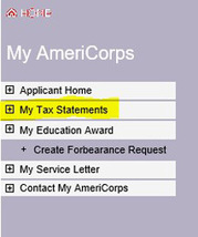 MyAmeriCorps portal tax statement navigation menu