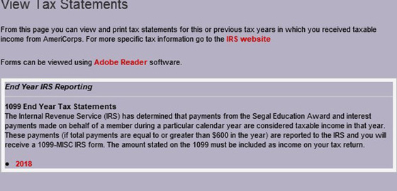 MyAmeriCorps portal "view tax information" screen sample image.