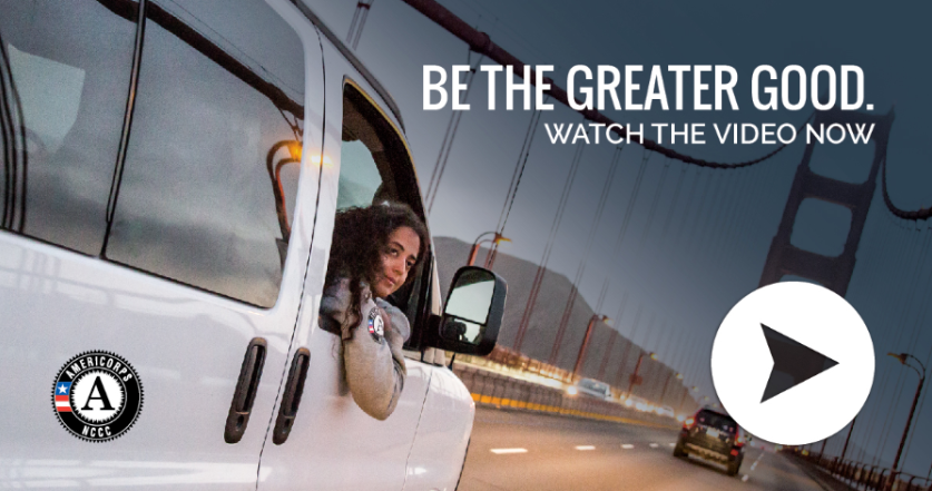 Member looking out van on bridge with text "Be the greater good. Watch the video now."