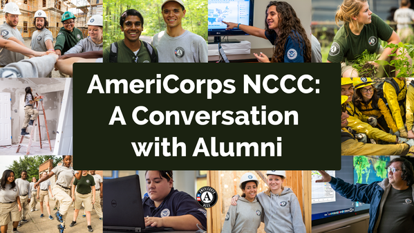 Tile photos of NCCC members serving with text "A Conversation with Alumni"