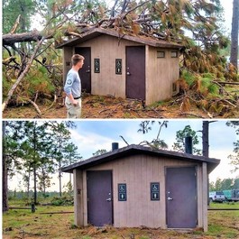 Before and after shots of a building cleared after a hurricane