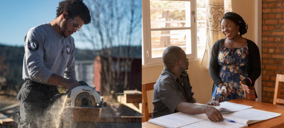 Two photos side by side - one of an AmeriCorps member using a power tool, the other of a Peace Corps Volunteer speaking with a man with books