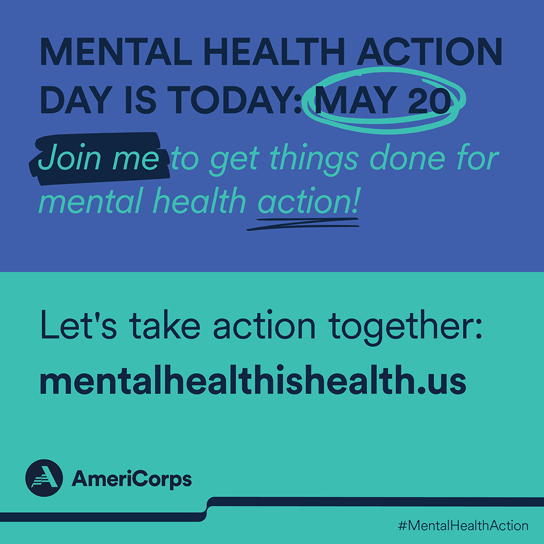 Mental Health Action Day is Today: May 20. Join me to get things done fo rmental health action. mentalhealthishealth.us