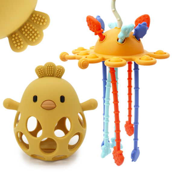 Recalled CuddleCubs Creations Baby Highchair Teething Toy Set, Color “YellowOrange” (Pull String Teething Toy on top right)