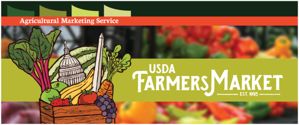 USDA Farmers Market title graphic with blurred background image of a outdoor market