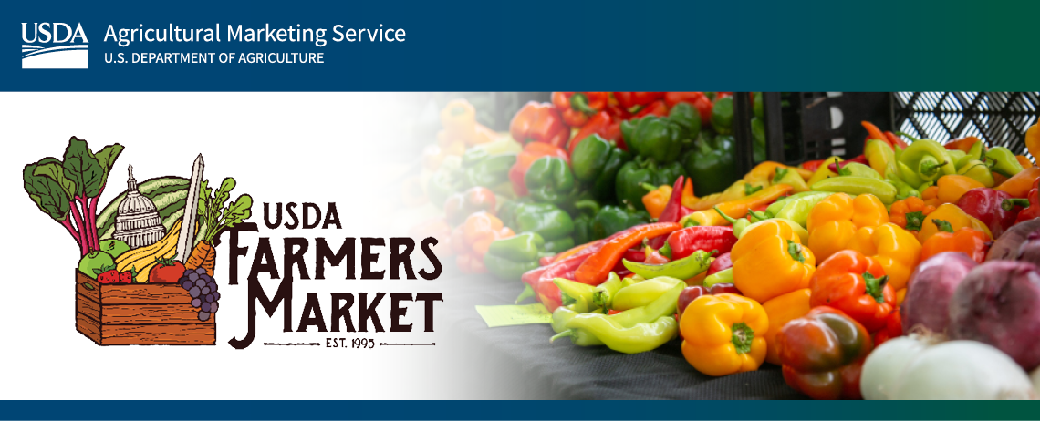 USDA Farmers Market email Banner with official USDA AMS and USDA Farmers Market Logo. Image of bell peppers and onions in crates on table.