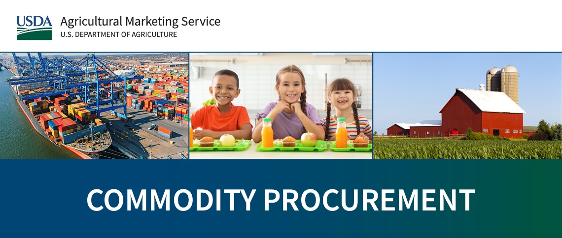USDA AMS Commodity Procurement email Banner. Left to right: Docked cargo ship, 3 children eating school lunch, red barn. 