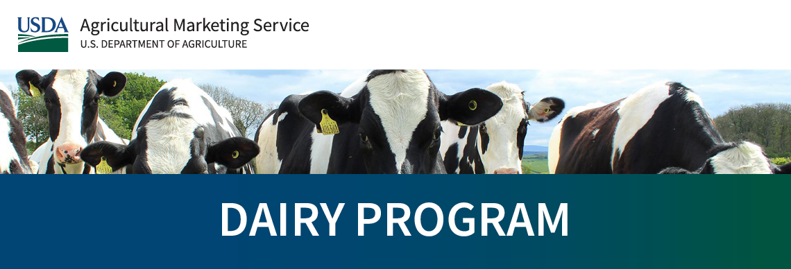 USDA AMS Dairy email banner. Zoomed in eye level view of five holstein cows.