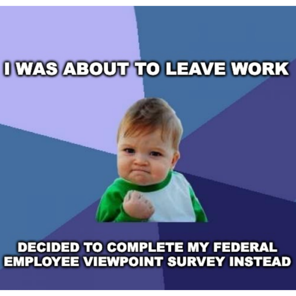 Meme: Determined toddler clenching fist. I was about to leave work, decided to complete my federal employee viewpoint survey instead.