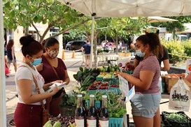 Sellers and patrons at a farmers market stand