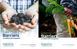 Collage of 2 images that each contain the phrase "Removing Barriers to USDA GAP Programs" along with images of fruit and vegetables