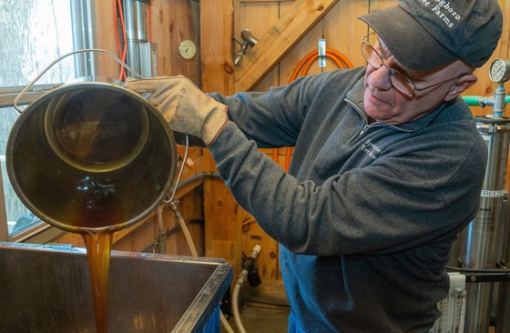 Man pouring maple syrup into a machine for processing