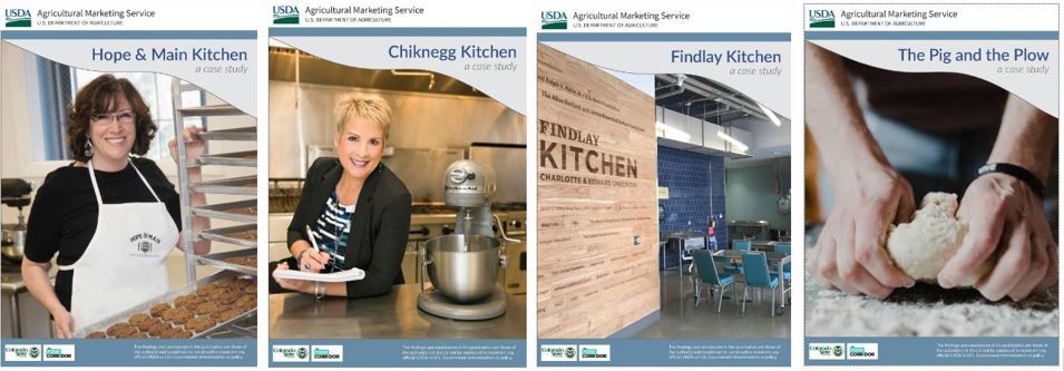 A series of 4 case study PDF files with people in the kitchen or baking dough