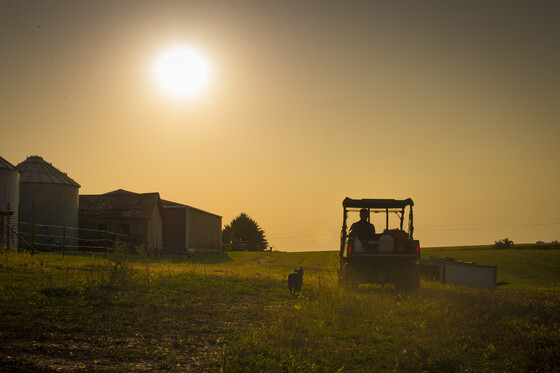 Sunset on a farm with a tractor